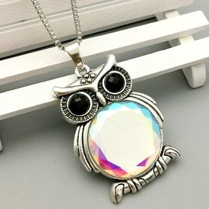 Silver Plated Iridescent crystal owl necklace